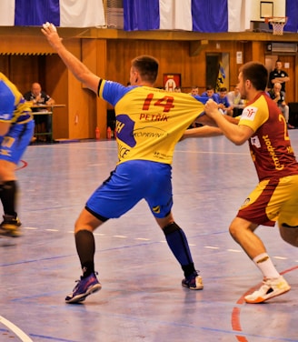 A dynamic indoor sports scene with players in motion on a court. Two athletes in blue and yellow uniforms are engaged in an intense handball game, with one player gripping the other's jersey. The background shows other players, several seated people, and advertisements on the walls.